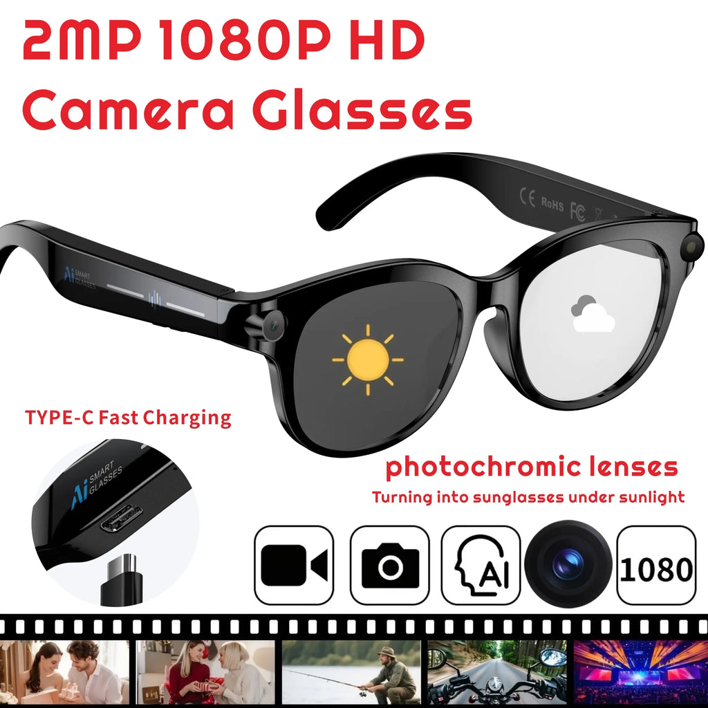 2026 new intelligent AI Smart Glasses with camera and video, 200W high-definition camera, 1080P anti shake high-definition video recording, 290mAh large battery, wireless 5.4 call, Al language translation, voice assistant, touch/music playback, best gift