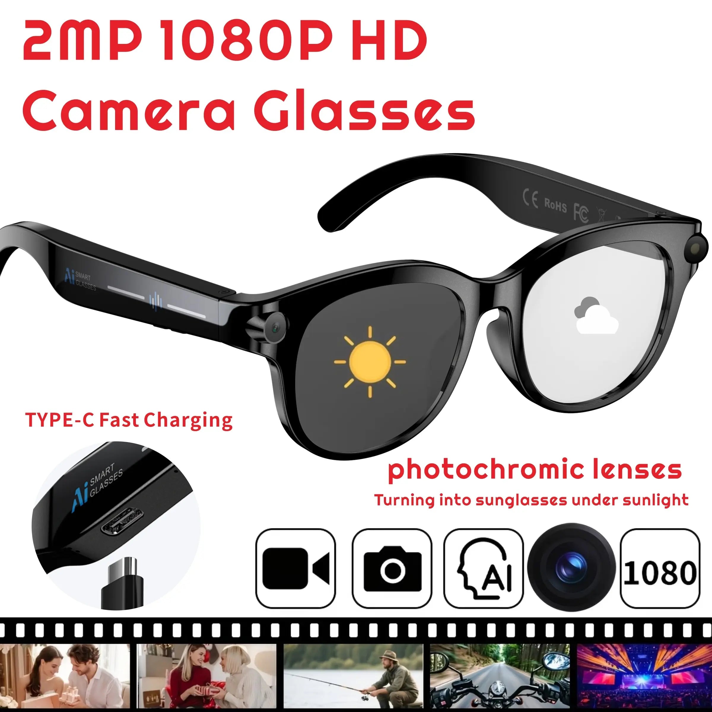 2026 new intelligent AI Smart Glasses with camera and video, 200W high-definition camera, 1080P anti shake high-definition video recording, 290mAh large battery, wireless 5.4 call, Al language translation, voice assistant, touch/music playback, best gift