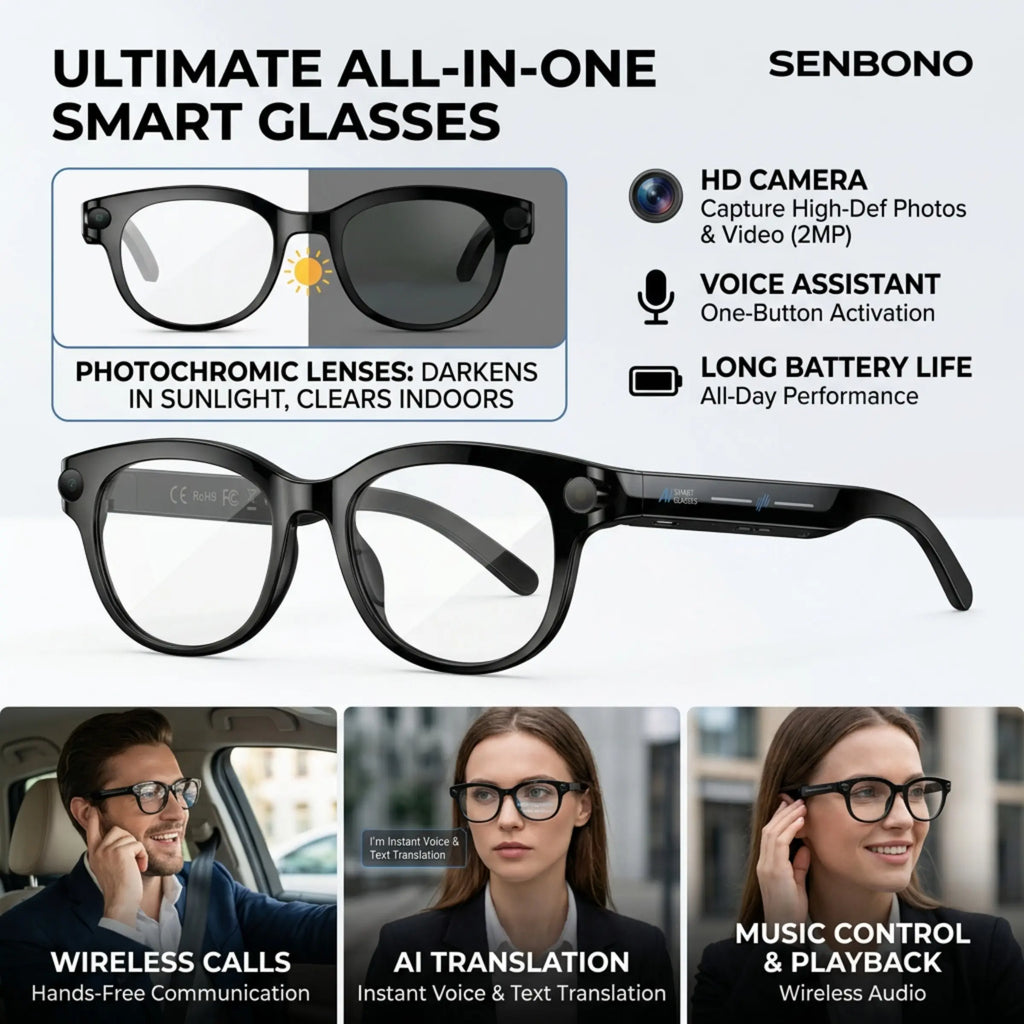 2026 new intelligent AI Smart Glasses with camera and video, 200W high-definition camera, 1080P anti shake high-definition video recording, 290mAh large battery, wireless 5.4 call, Al language translation, voice assistant, touch/music playback, best gift