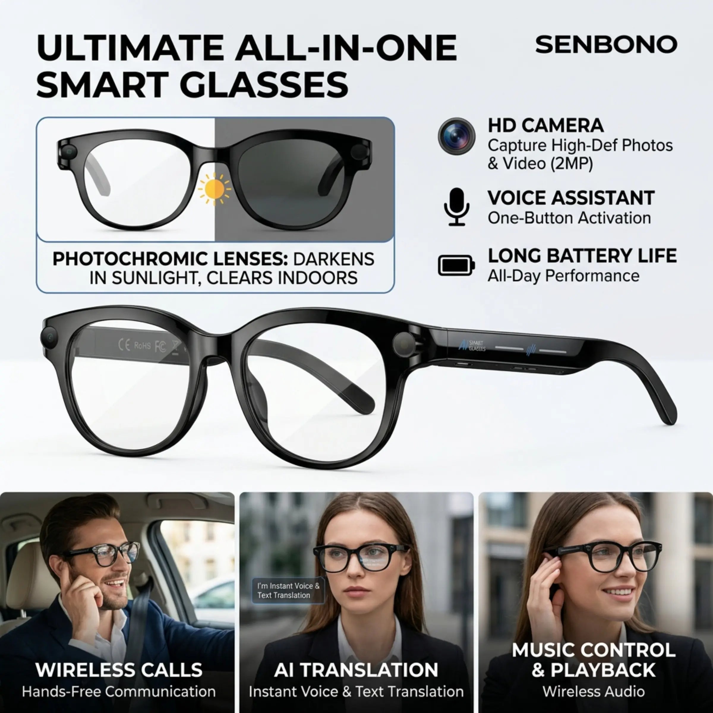 2026 new intelligent AI Smart Glasses with camera and video, 200W high-definition camera, 1080P anti shake high-definition video recording, 290mAh large battery, wireless 5.4 call, Al language translation, voice assistant, touch/music playback, best gift
